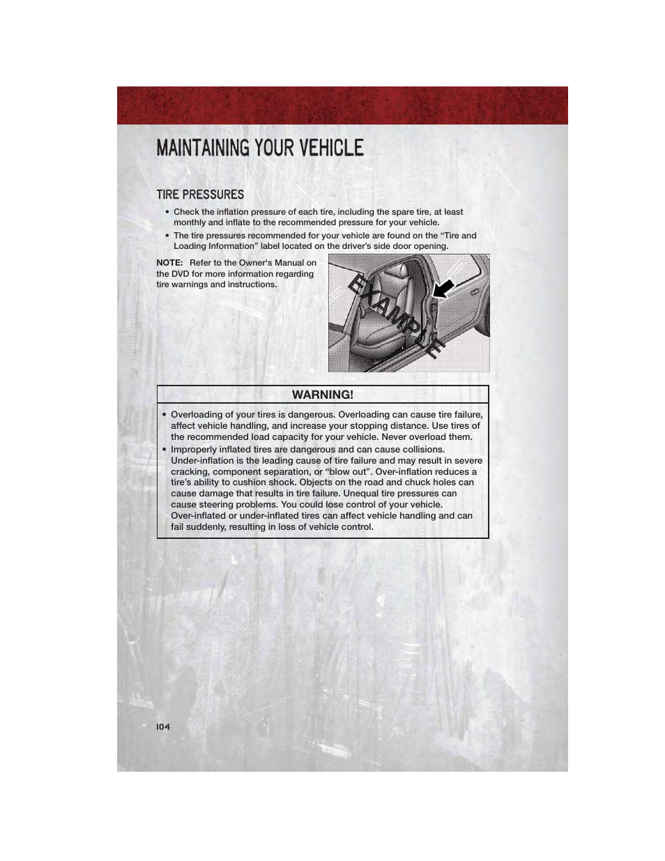 Tire pressures, Maintaining your vehicle | Ram Trucks 2012 Chassis Cab - User Guide User Manual | Page 106 / 116