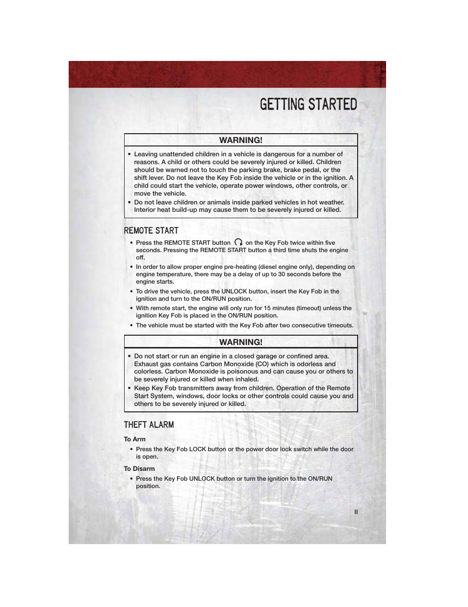 Remote start, Theft alarm, To arm | To disarm, Getting started, Warning | Ram Trucks 2012 Chassis Cab - User Guide User Manual | Page 13 / 116