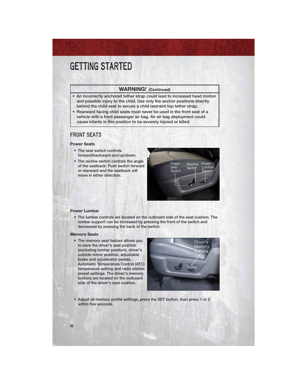 Front seats, Power seats, Power lumbar | Memory seats, Getting started | Ram Trucks 2012 Chassis Cab - User Guide User Manual | Page 18 / 116