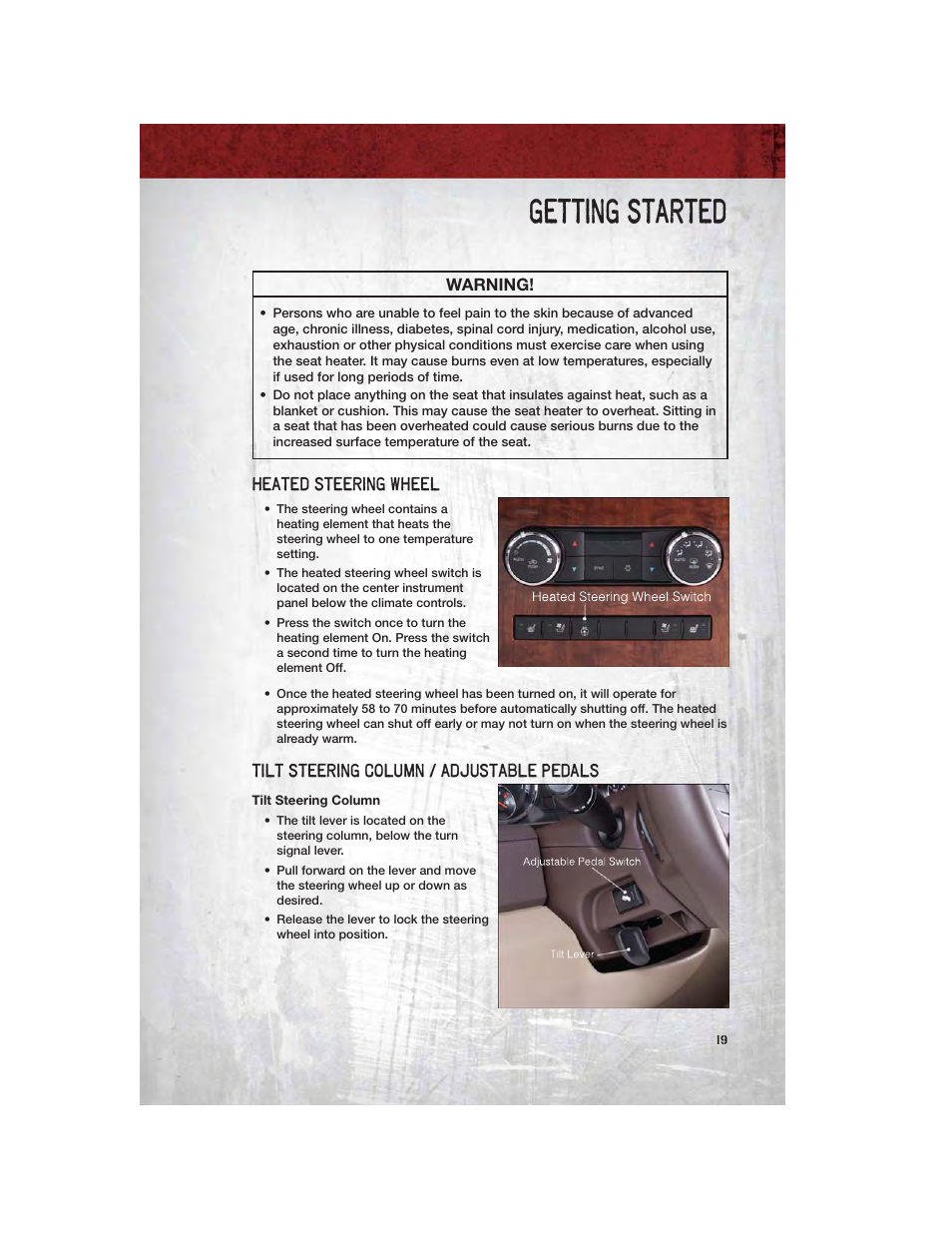 Heated steering wheel, Tilt steering column / adjustable pedals, Tilt steering column | Getting started | Ram Trucks 2012 Chassis Cab - User Guide User Manual | Page 21 / 116