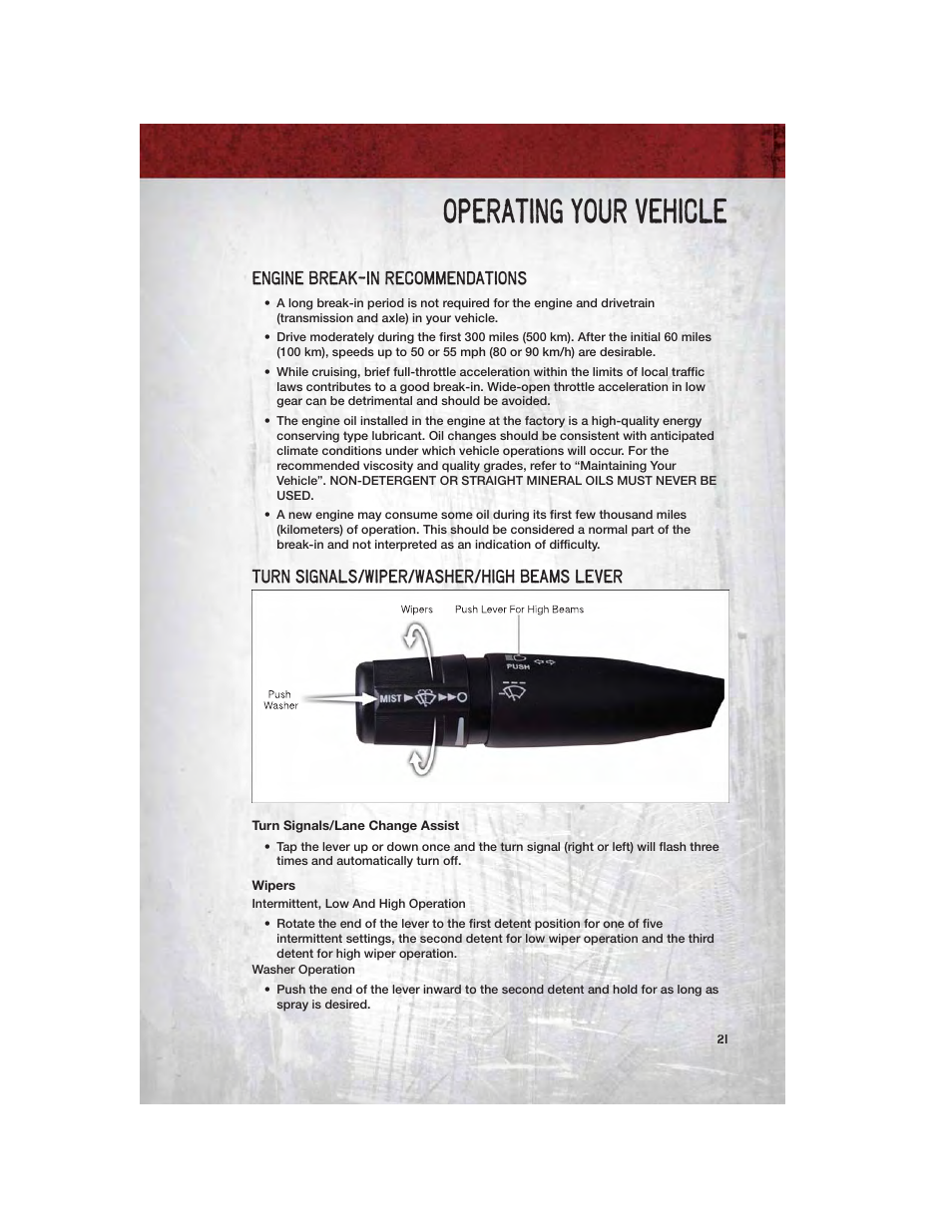 Operating your vehicle, Engine break-in recommendations, Turn signals/wiper/washer/high beams lever | Turn signals/lane change assist, Wipers | Ram Trucks 2012 Chassis Cab - User Guide User Manual | Page 23 / 116