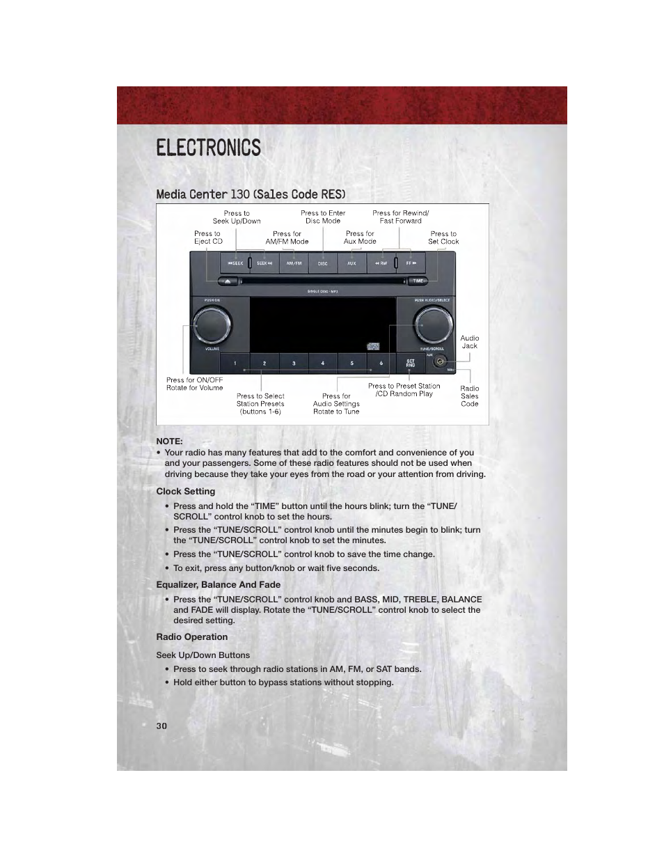 Media center 130 (sales code res), Clock setting, Equalizer, balance and fade | Radio operation, Electronics | Ram Trucks 2012 Chassis Cab - User Guide User Manual | Page 32 / 116