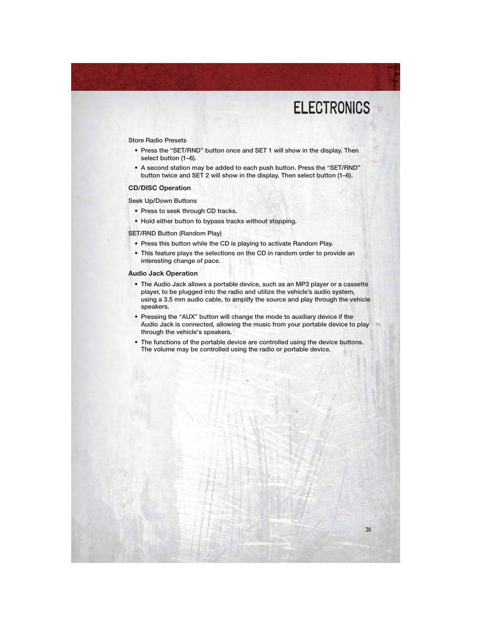 Cd/disc operation, Audio jack operation, Electronics | Ram Trucks 2012 Chassis Cab - User Guide User Manual | Page 33 / 116