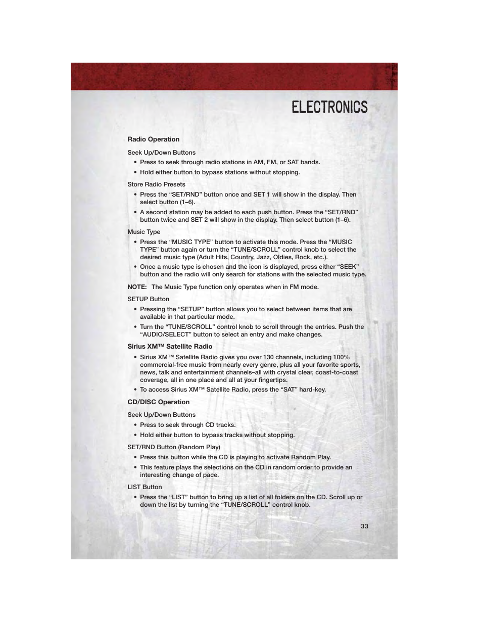 Radio operation, Sirius xm™ satellite radio, Cd/disc operation | Electronics | Ram Trucks 2012 Chassis Cab - User Guide User Manual | Page 35 / 116