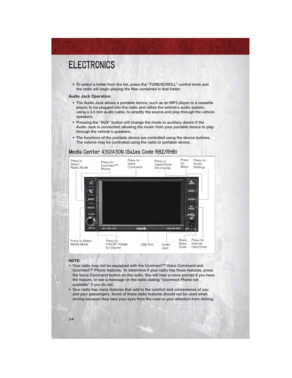 Audio jack operation, Media center 430/430n (sales code rbz/rhb), Electronics | Ram Trucks 2012 Chassis Cab - User Guide User Manual | Page 36 / 116