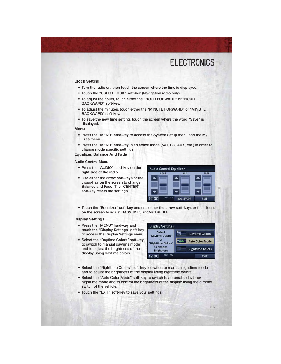 Clock setting, Menu, Equalizer, balance and fade | Display settings, Electronics | Ram Trucks 2012 Chassis Cab - User Guide User Manual | Page 37 / 116