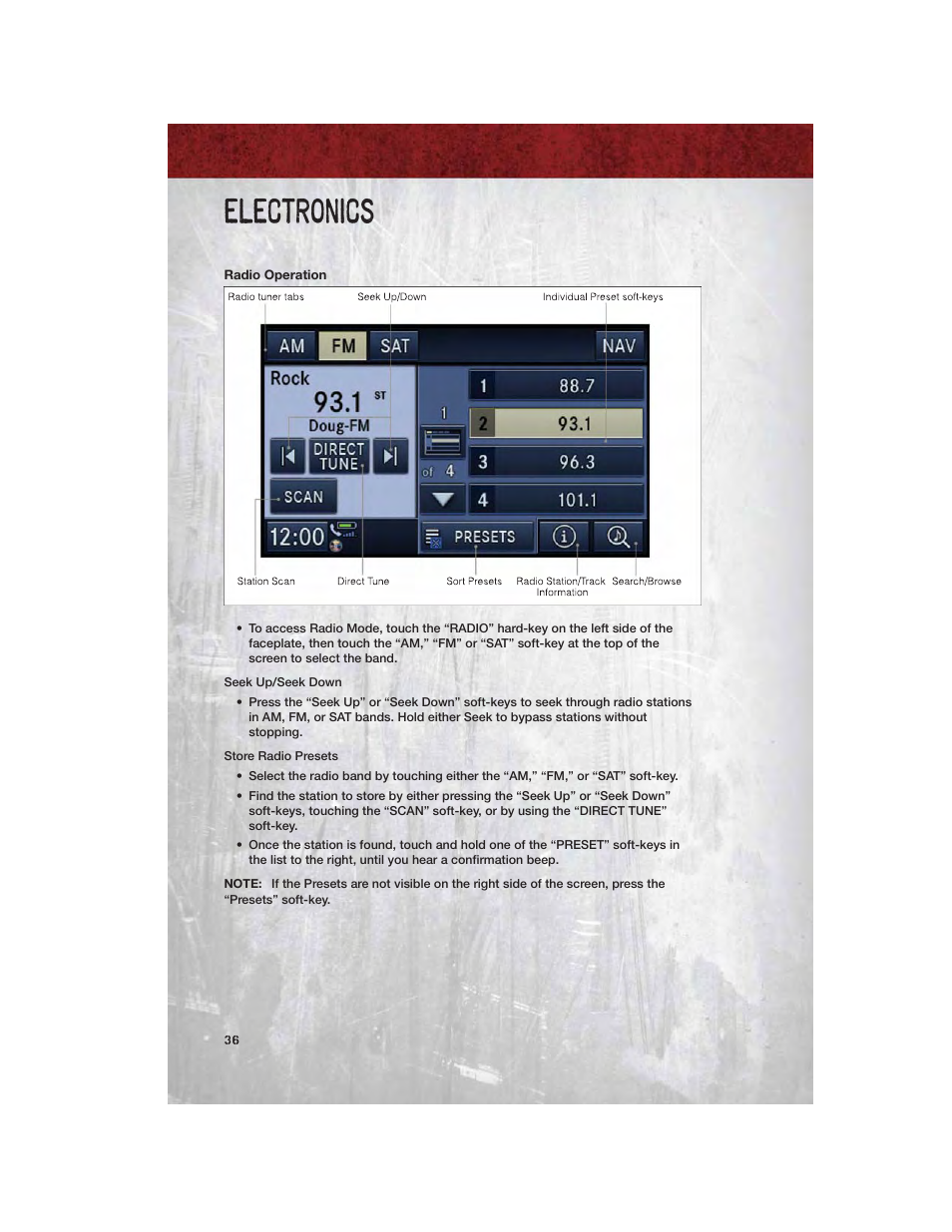 Radio operation, Electronics | Ram Trucks 2012 Chassis Cab - User Guide User Manual | Page 38 / 116