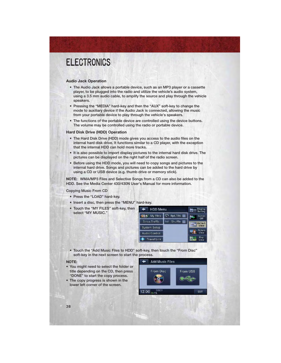 Audio jack operation, Hard disk drive (hdd) operation, Electronics | Ram Trucks 2012 Chassis Cab - User Guide User Manual | Page 40 / 116