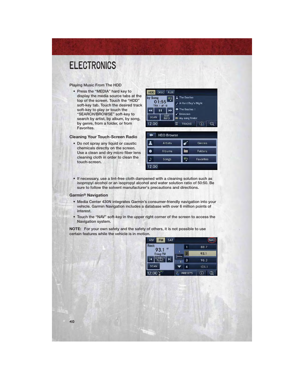 Cleaning your touch-screen radio, Garmin® navigation, Electronics | Ram Trucks 2012 Chassis Cab - User Guide User Manual | Page 42 / 116