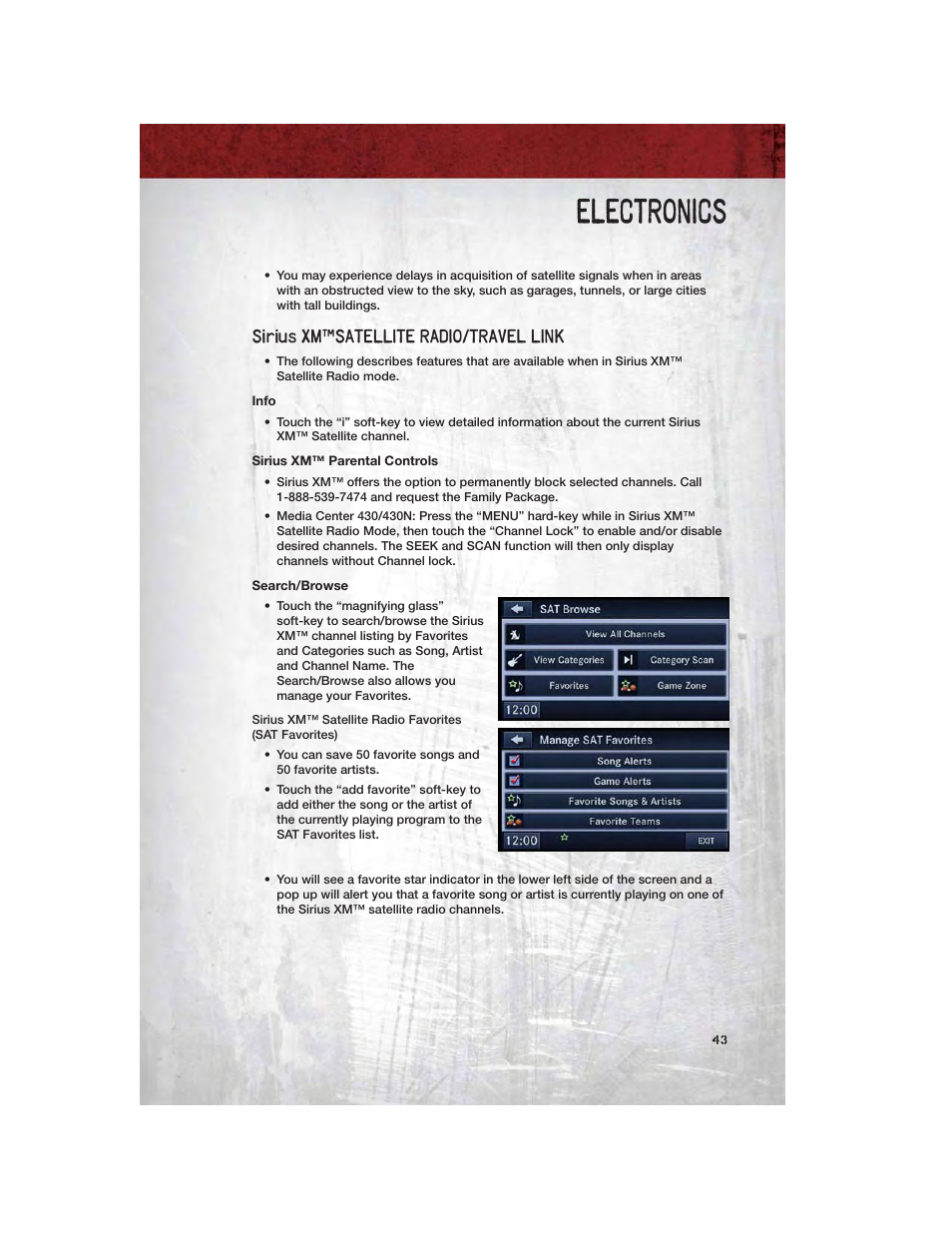 Sirius xm™satellite radio/travel link, Info, Sirius xm™ parental controls | Search/browse, Electronics | Ram Trucks 2012 Chassis Cab - User Guide User Manual | Page 45 / 116