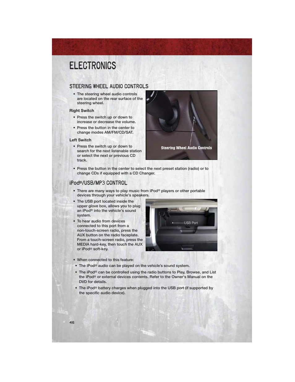 Steering wheel audio controls, Right switch, Left switch | Ipod®/usb/mp3 control, Electronics, Ipod, Usb/mp3 control | Ram Trucks 2012 Chassis Cab - User Guide User Manual | Page 48 / 116