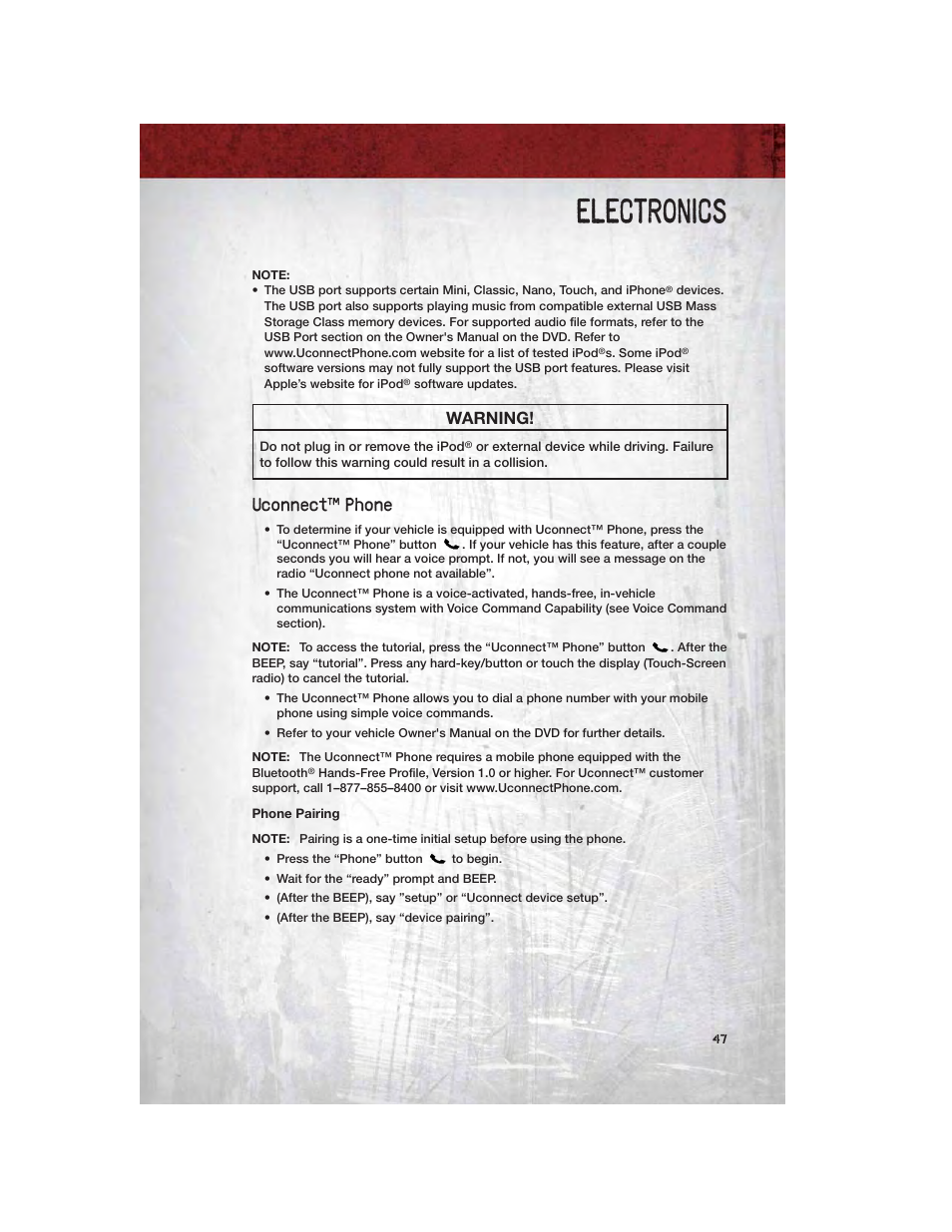 Uconnect™ phone, Phone pairing, Electronics | Warning | Ram Trucks 2012 Chassis Cab - User Guide User Manual | Page 49 / 116