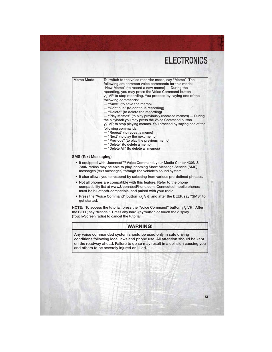 Sms (text messaging), Electronics, Warning | Ram Trucks 2012 Chassis Cab - User Guide User Manual | Page 53 / 116