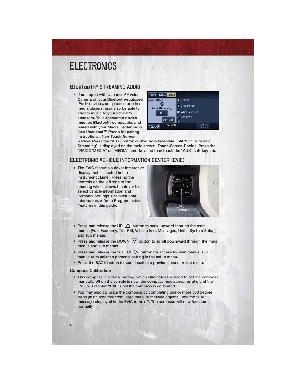 Bluetooth® streaming audio, Electronic vehicle information center (evic), Compass calibration | Electronics, Bluetooth, Streaming audio | Ram Trucks 2012 Chassis Cab - User Guide User Manual | Page 54 / 116