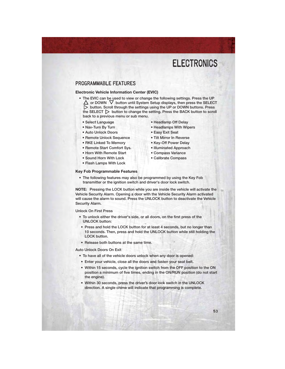 Programmable features, Electronic vehicle information center (evic), Key fob programmable features | Electronics | Ram Trucks 2012 Chassis Cab - User Guide User Manual | Page 55 / 116