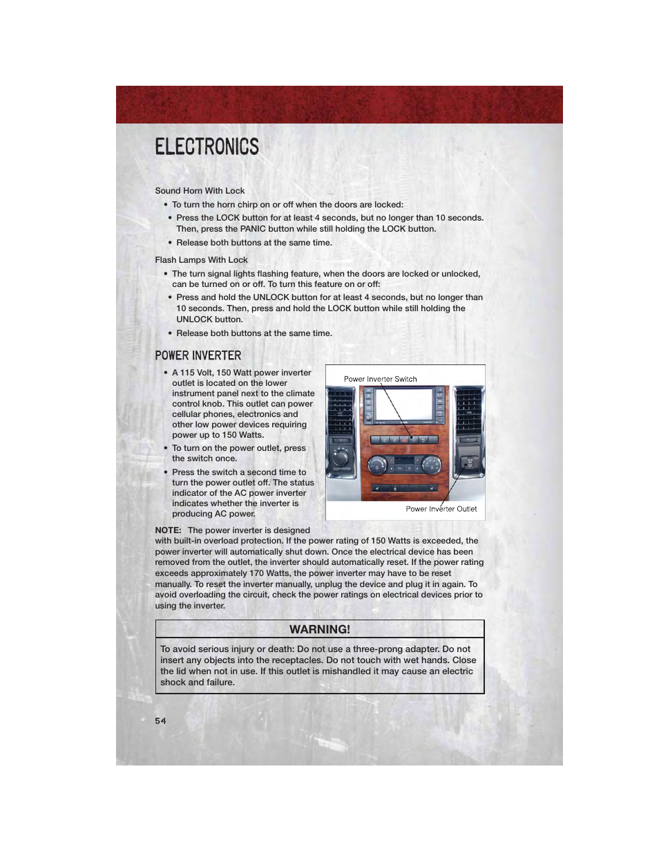 Power inverter, Electronics, Warning | Ram Trucks 2012 Chassis Cab - User Guide User Manual | Page 56 / 116