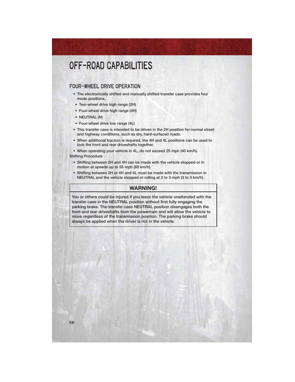 Off-road capabilities, Four-wheel drive operation | Ram Trucks 2012 Chassis Cab - User Guide User Manual | Page 58 / 116