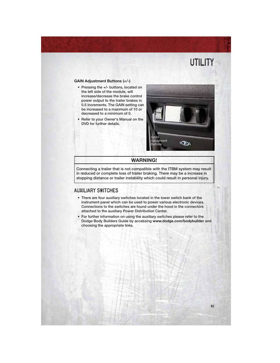 Gain adjustment buttons (+/-), Auxiliary switches, Utility | Ram Trucks 2012 Chassis Cab - User Guide User Manual | Page 63 / 116