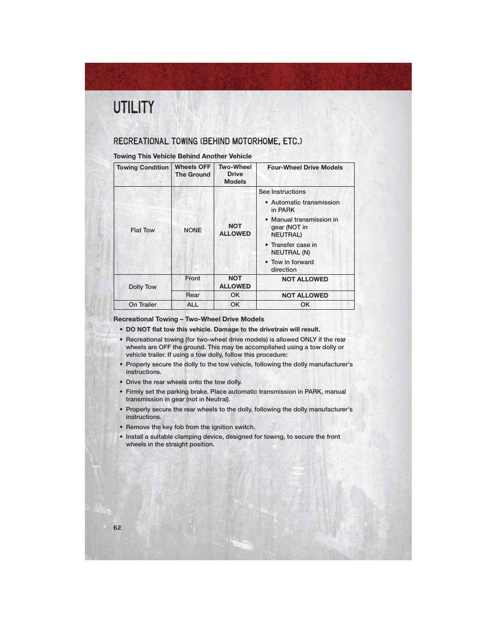 Recreational towing (behind motorhome, etc.), Towing this vehicle behind another vehicle, Recreational towing – two-wheel drive models | Utility | Ram Trucks 2012 Chassis Cab - User Guide User Manual | Page 64 / 116