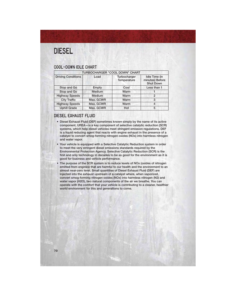 Cool–down idle chart, Diesel exhaust fluid, Diesel | Ram Trucks 2012 Chassis Cab - User Guide User Manual | Page 72 / 116