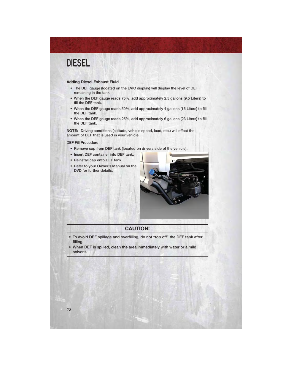 Adding diesel exhaust fluid, Diesel, Caution | Ram Trucks 2012 Chassis Cab - User Guide User Manual | Page 74 / 116