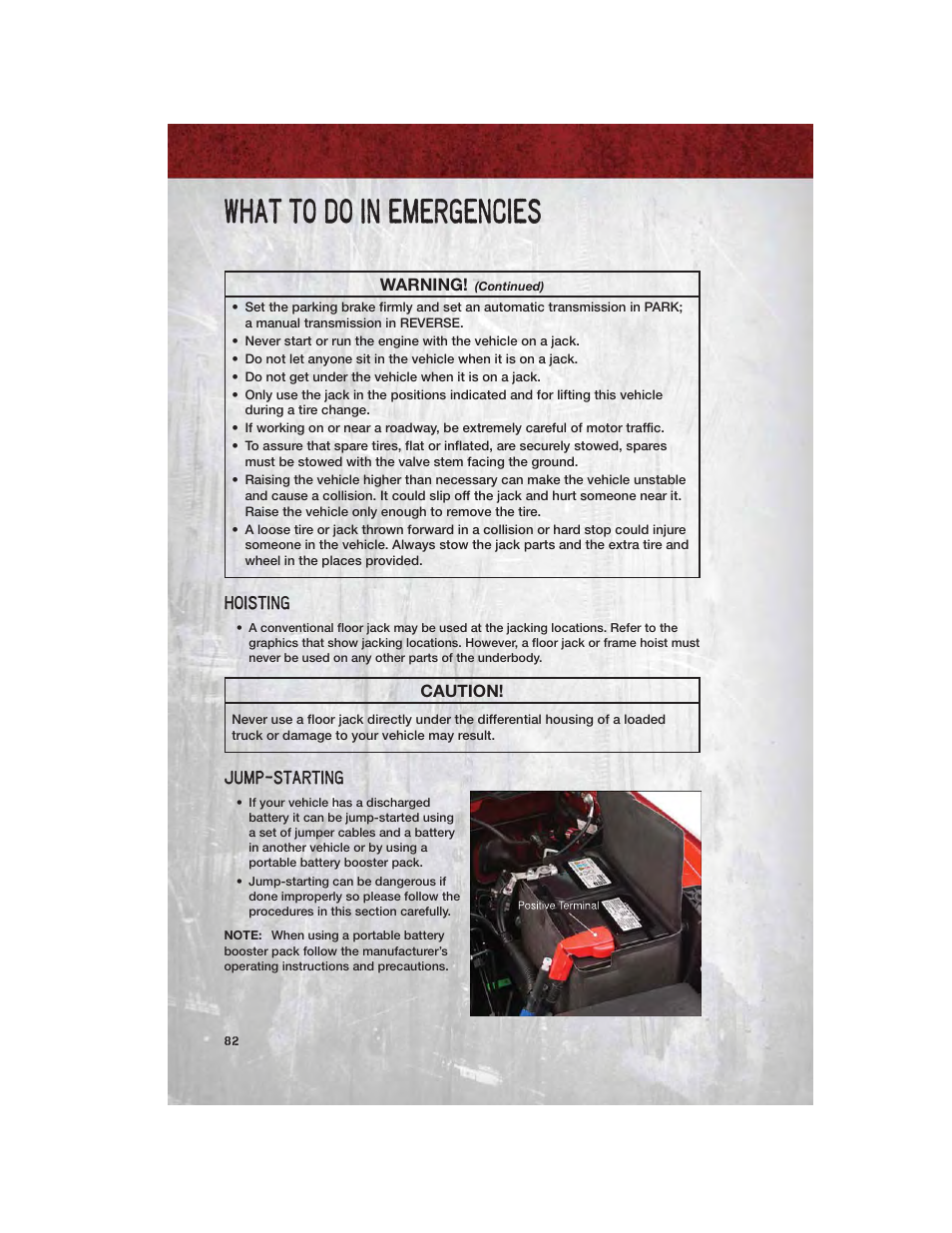 Hoisting, Jump-starting, What to do in emergencies | Ram Trucks 2012 Chassis Cab - User Guide User Manual | Page 84 / 116