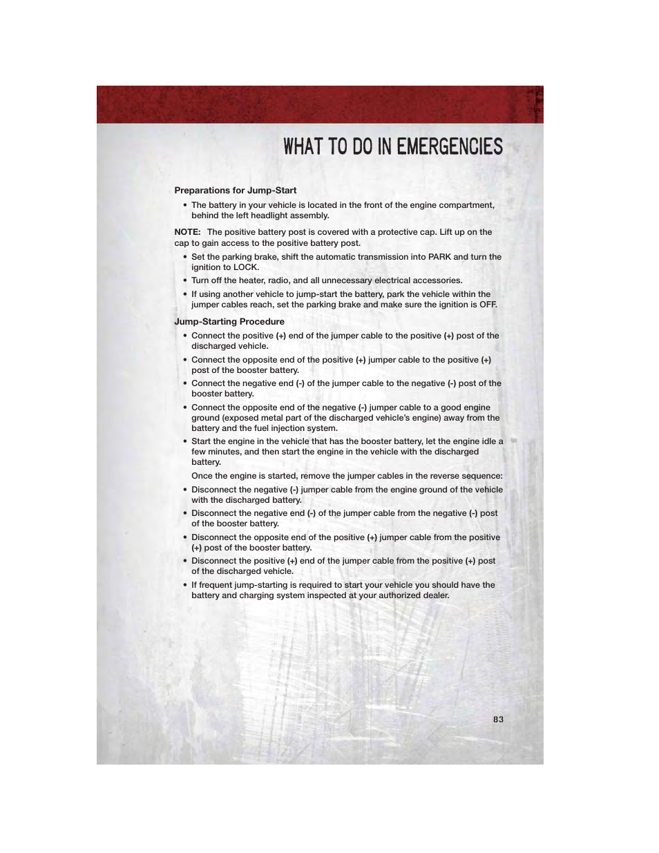 Preparations for jump-start, Jump-starting procedure, What to do in emergencies | Ram Trucks 2012 Chassis Cab - User Guide User Manual | Page 85 / 116