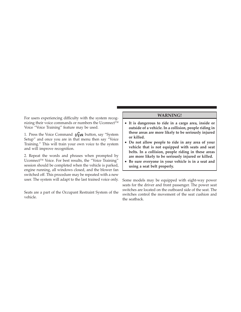 Voice training, Seats, Power seats — if equipped | Ram Trucks 2012 С/V - Owner Manual User Manual | Page 162 / 642
