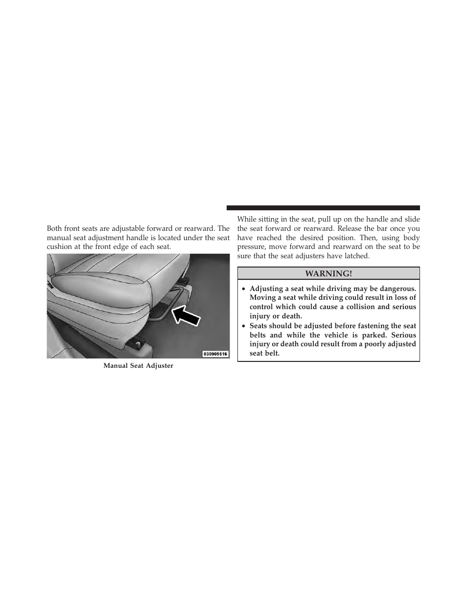 Manual front/second row seat adjuster | Ram Trucks 2012 С/V - Owner Manual User Manual | Page 168 / 642