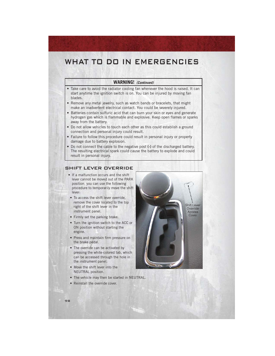 Shift lever override, What to do in emergencies, Warning | Ram Trucks 2012 С/V - User Guide User Manual | Page 100 / 132