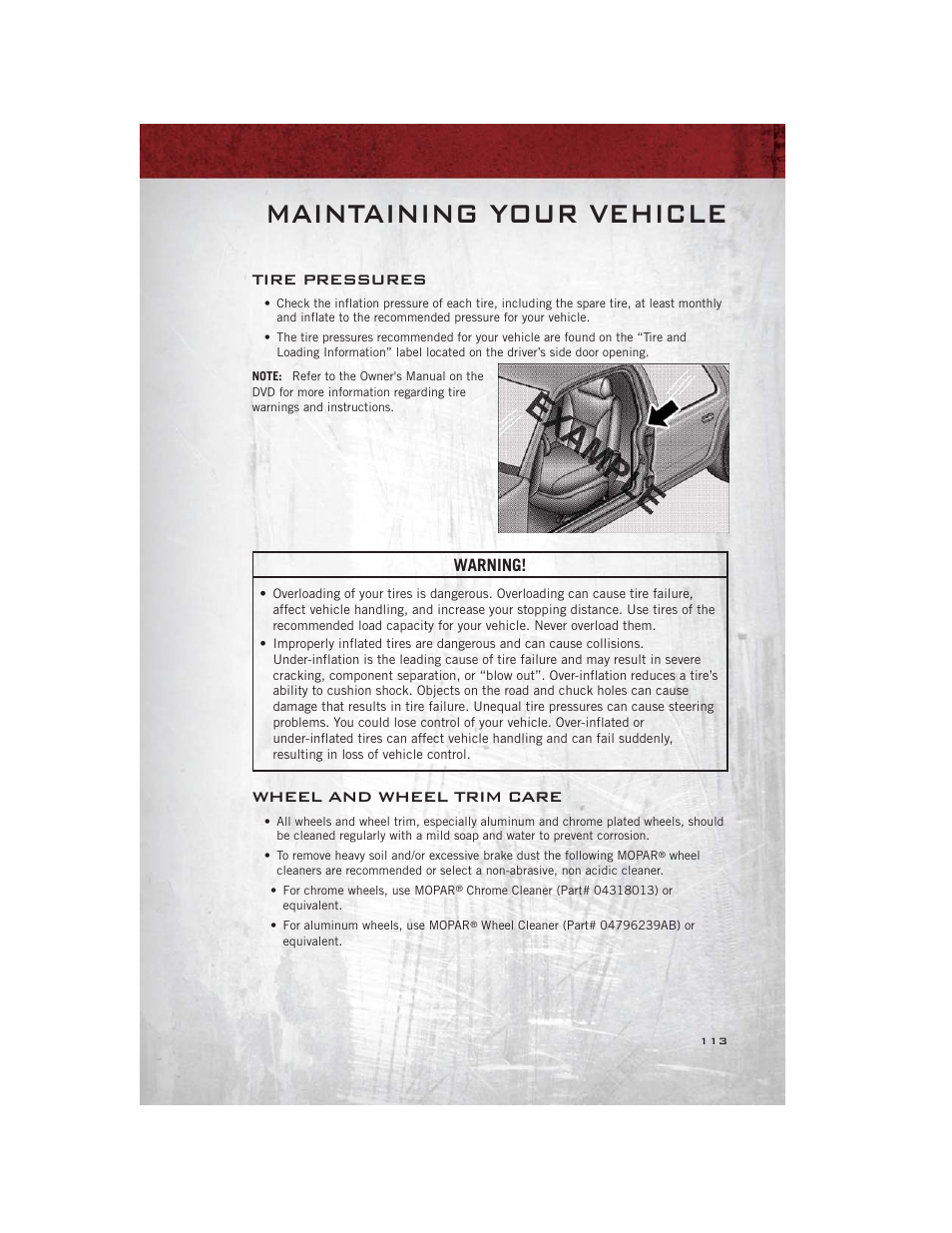 Tire pressures, Wheel and wheel trim care, Maintaining your vehicle | Warning | Ram Trucks 2012 С/V - User Guide User Manual | Page 115 / 132