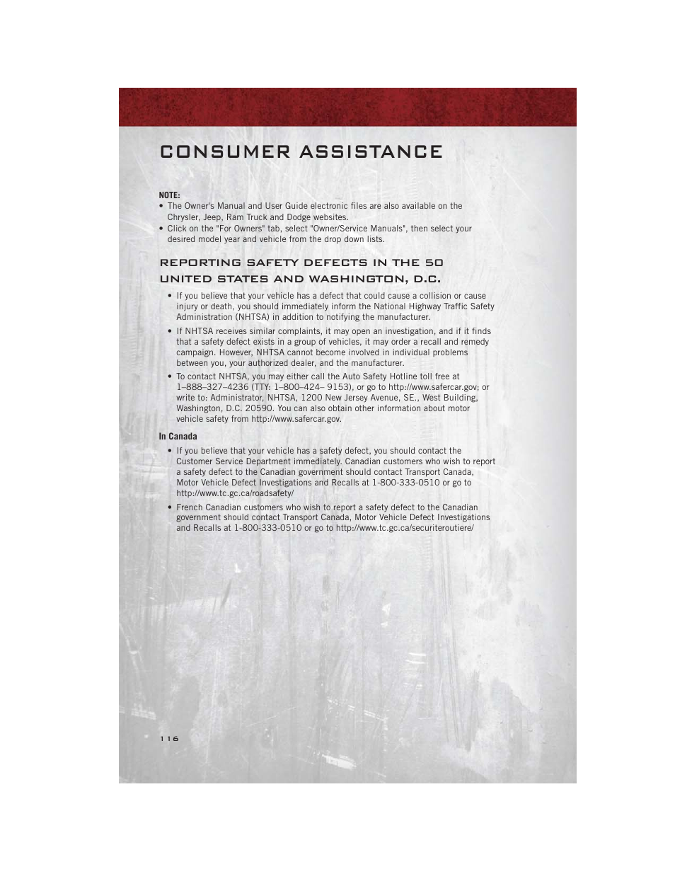 In canada, Consumer assistance | Ram Trucks 2012 С/V - User Guide User Manual | Page 118 / 132