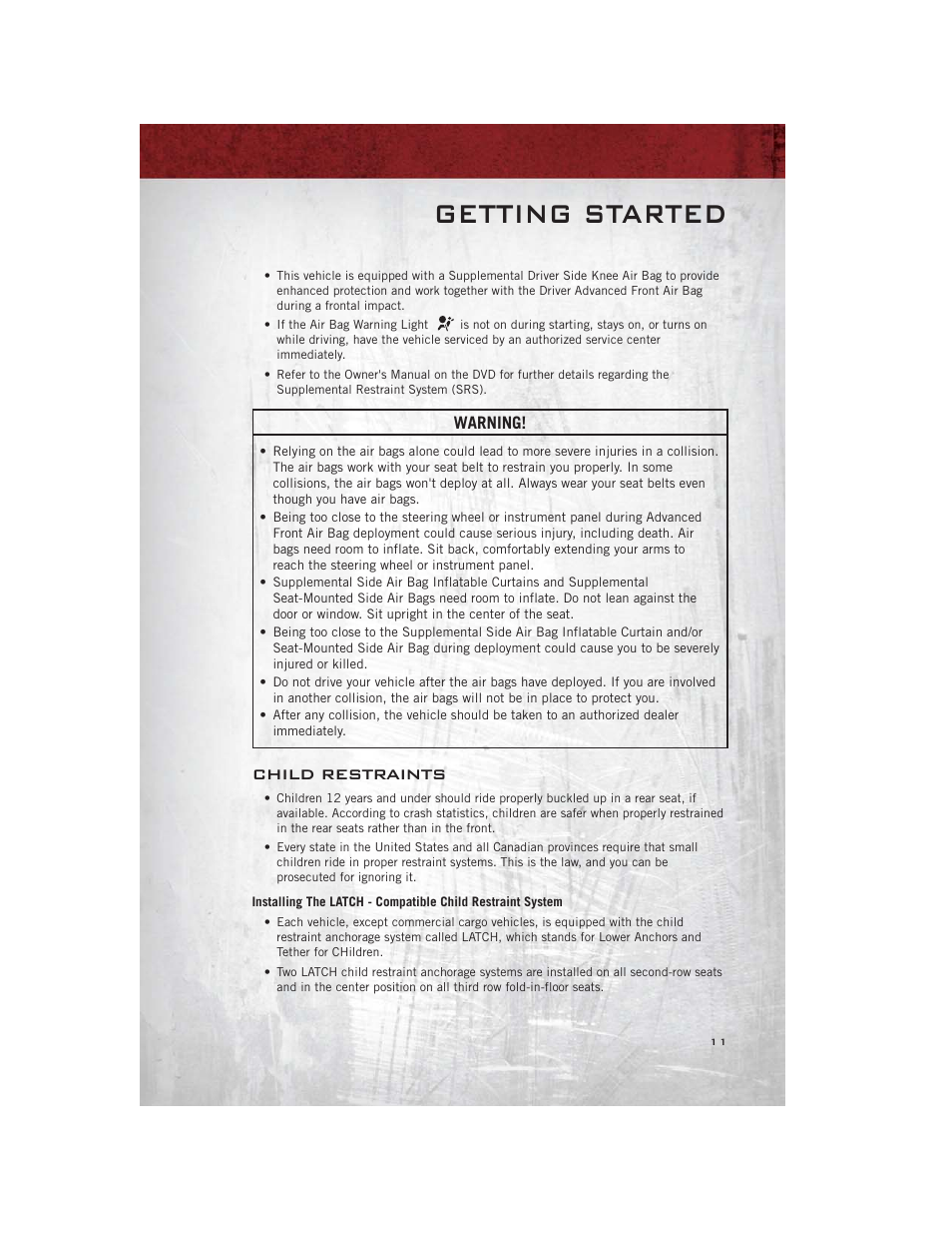 Child restraints, Getting started, Warning | Ram Trucks 2012 С/V - User Guide User Manual | Page 13 / 132