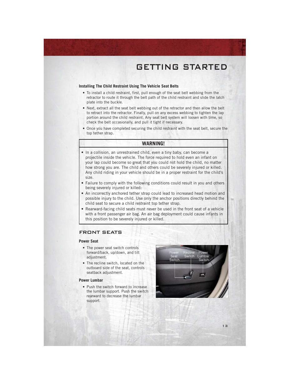 Front seats, Power seat, Power lumbar | Getting started | Ram Trucks 2012 С/V - User Guide User Manual | Page 15 / 132