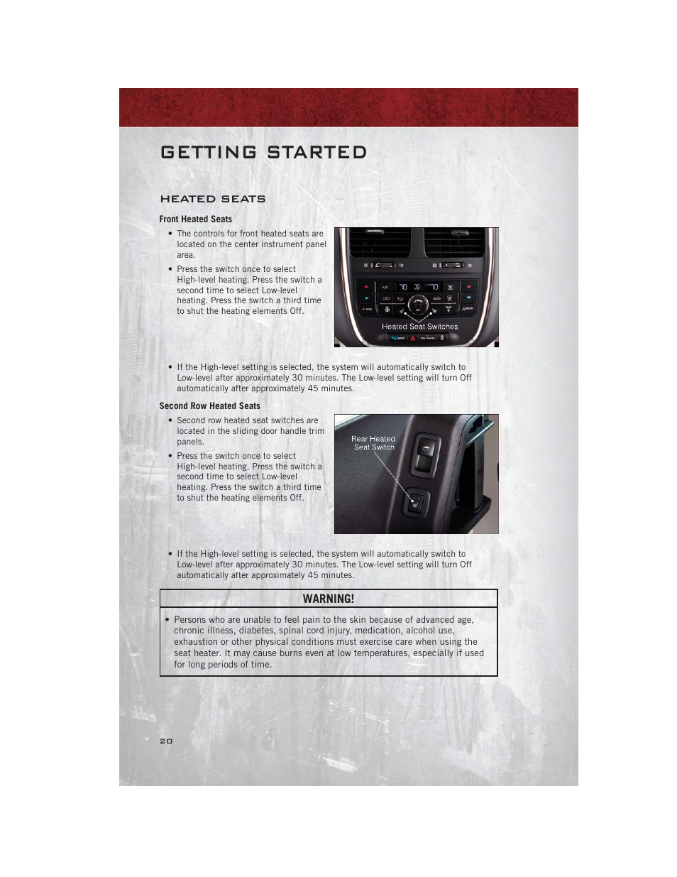 Heated seats, Front heated seats, Second row heated seats | Getting started | Ram Trucks 2012 С/V - User Guide User Manual | Page 22 / 132