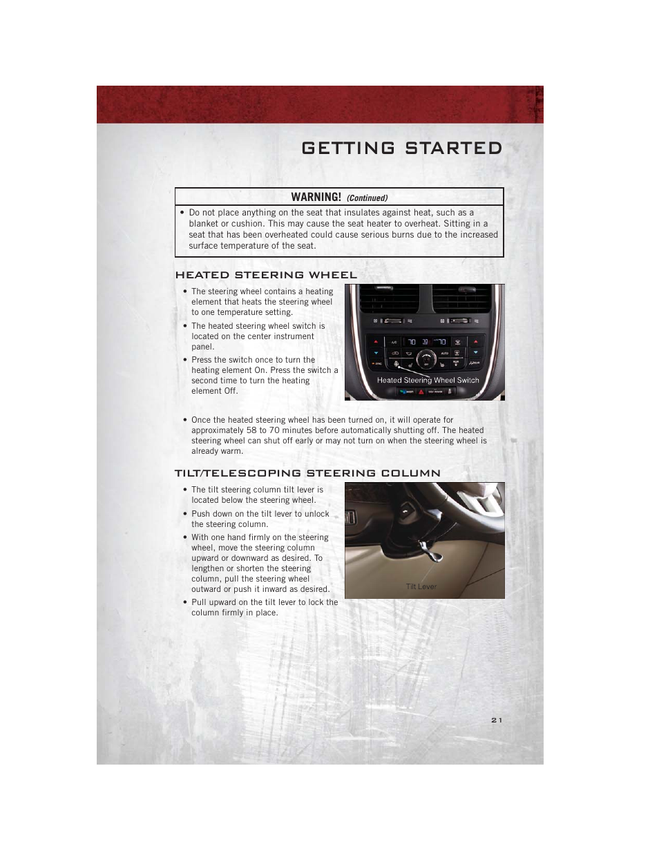 Heated steering wheel, Tilt/telescoping steering column, Getting started | Ram Trucks 2012 С/V - User Guide User Manual | Page 23 / 132