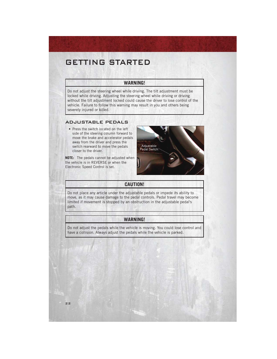 Adjustable pedals, Getting started | Ram Trucks 2012 С/V - User Guide User Manual | Page 24 / 132