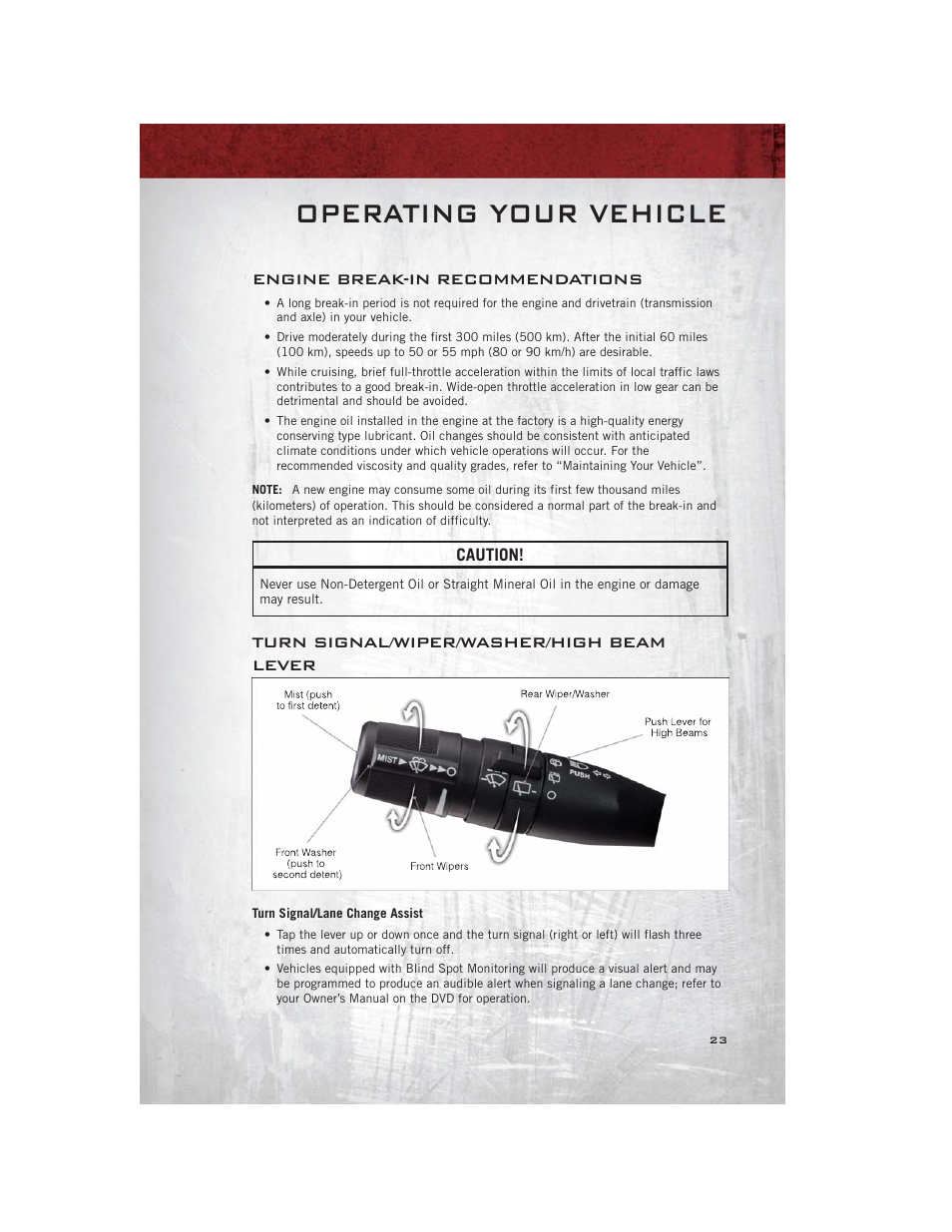 Operating your vehicle, Engine break-in recommendations, Turn signal/wiper/washer/high beam lever | Turn signal/lane change assist | Ram Trucks 2012 С/V - User Guide User Manual | Page 25 / 132