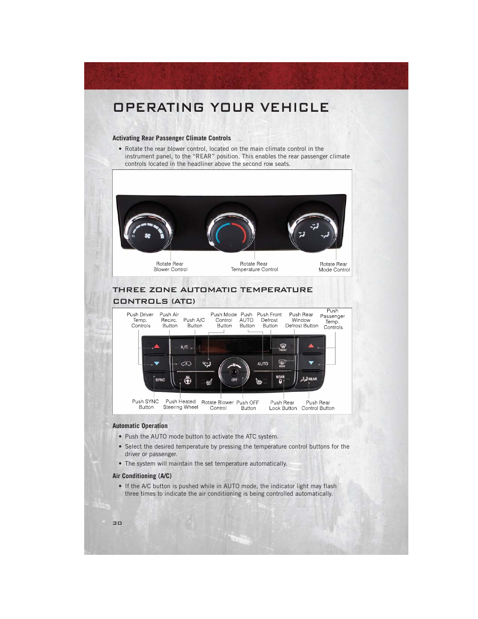 Activating rear passenger climate controls, Three zone automatic temperature controls (atc), Automatic operation | Air conditioning (a/c), Operating your vehicle | Ram Trucks 2012 С/V - User Guide User Manual | Page 32 / 132