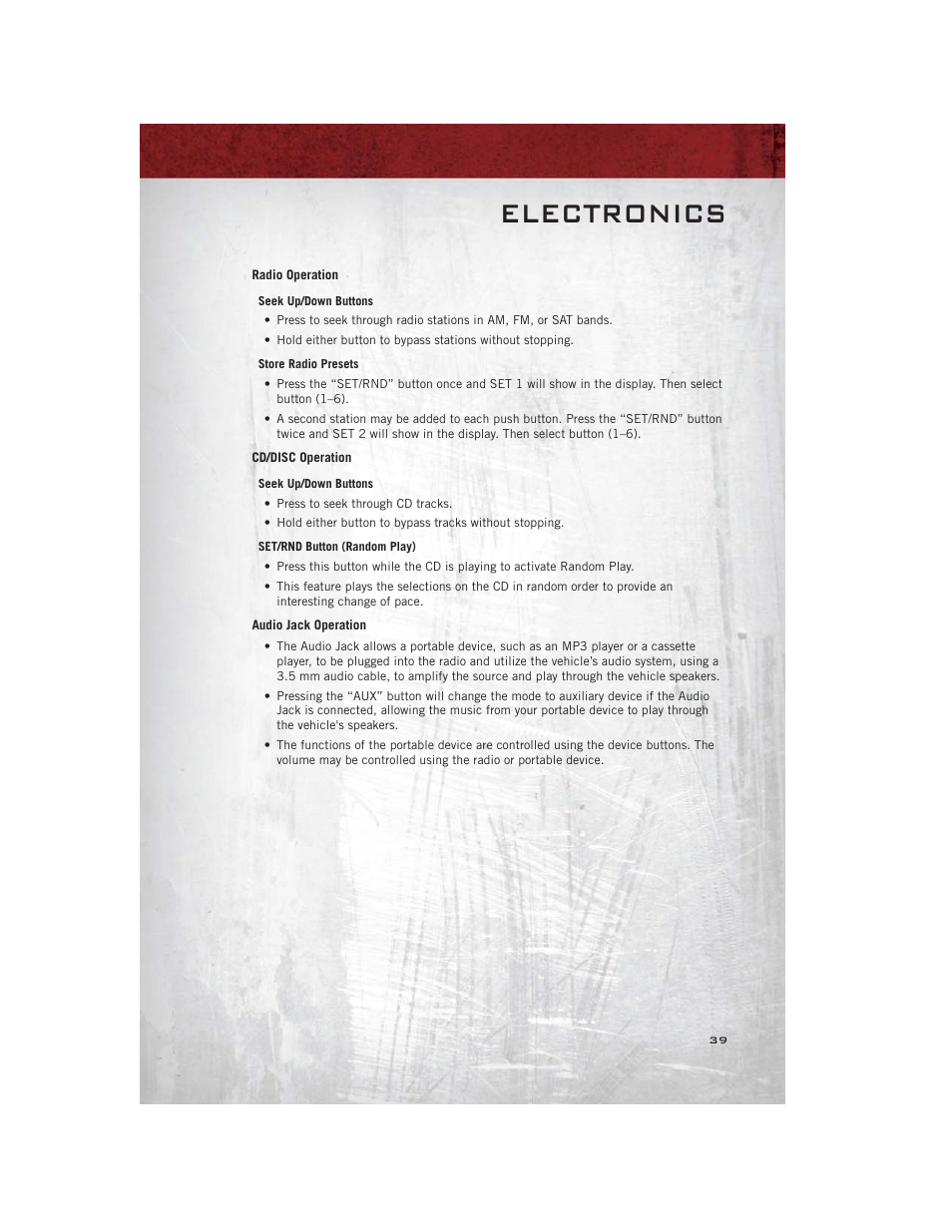 Radio operation, Cd/disc operation, Audio jack operation | Electronics | Ram Trucks 2012 С/V - User Guide User Manual | Page 41 / 132