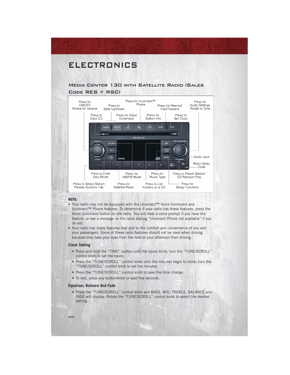 Clock setting, Equalizer, balance and fade, Electronics | Ram Trucks 2012 С/V - User Guide User Manual | Page 42 / 132