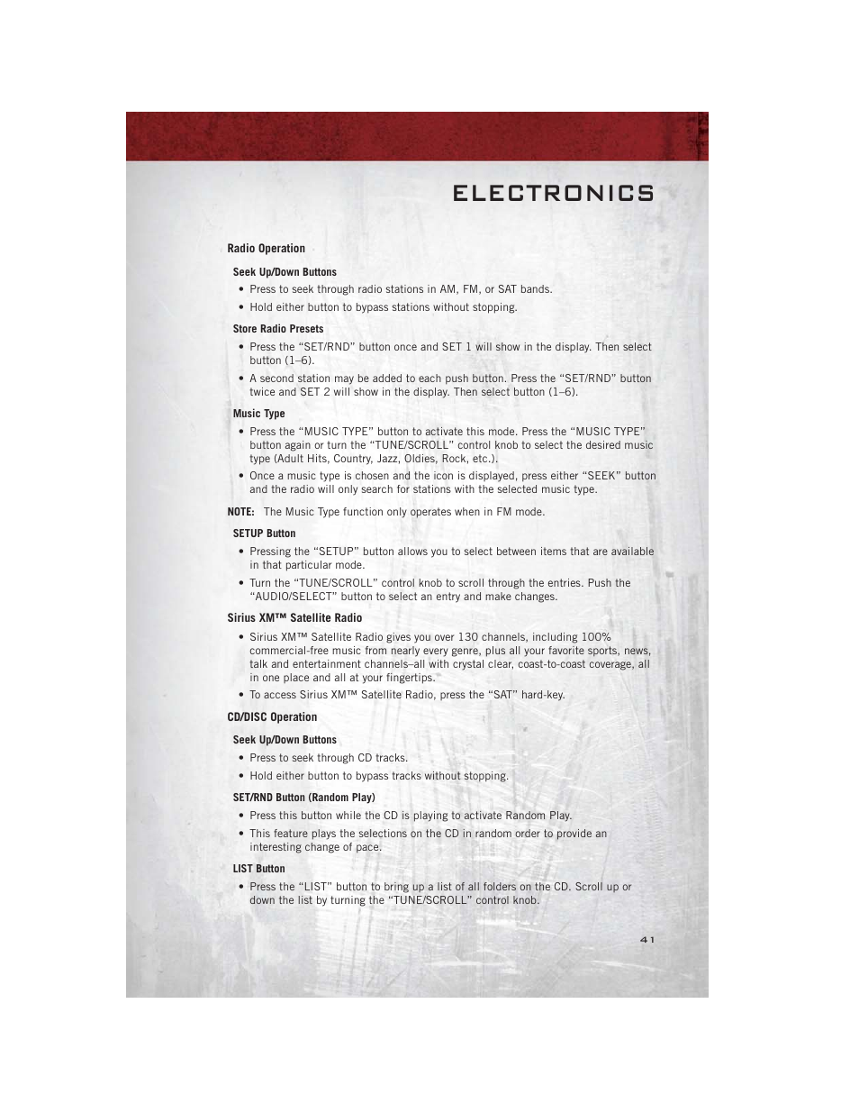 Radio operation, Sirius xm™ satellite radio, Cd/disc operation | Electronics | Ram Trucks 2012 С/V - User Guide User Manual | Page 43 / 132