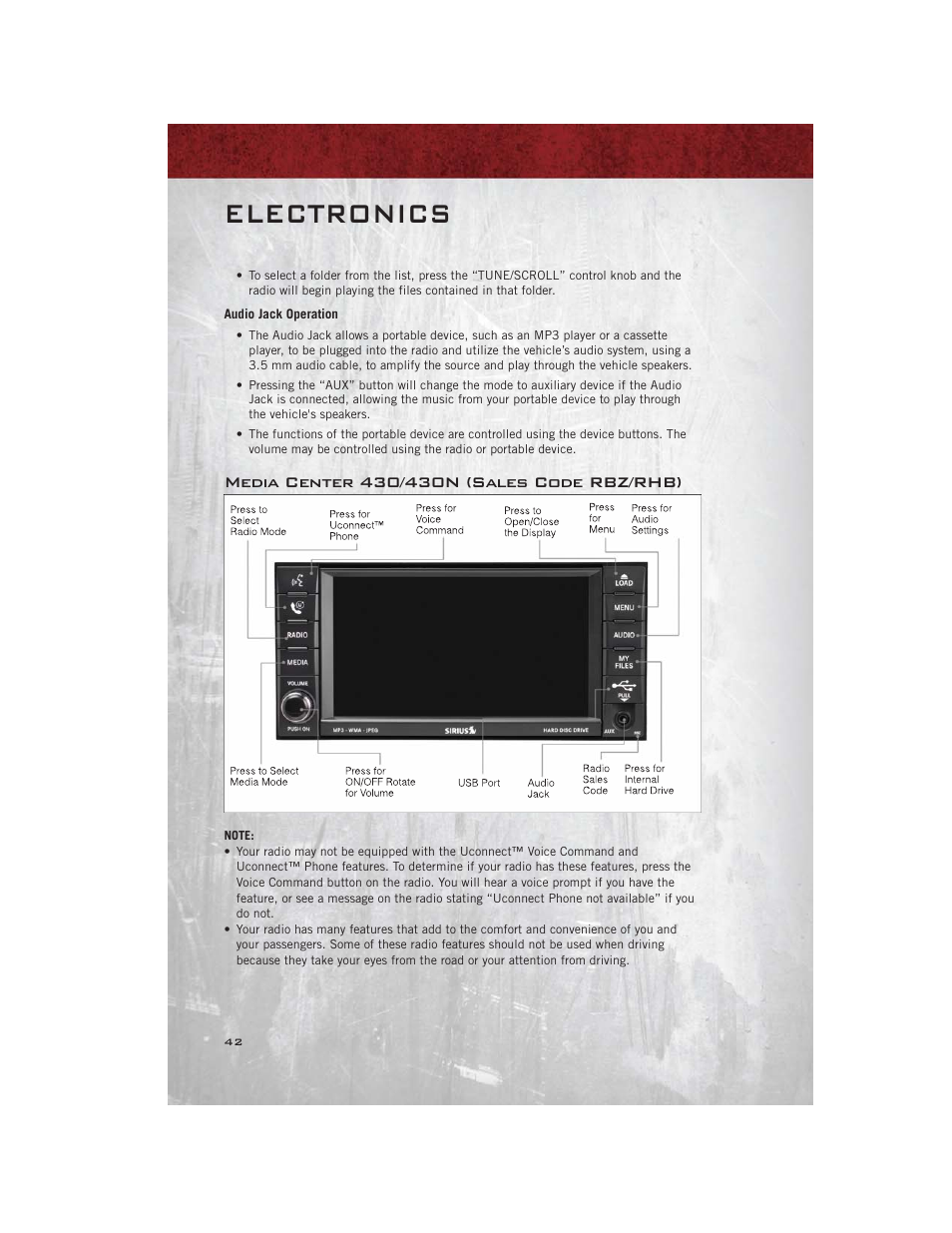 Audio jack operation, Media center 430/430n (sales code rbz/rhb), Electronics | Ram Trucks 2012 С/V - User Guide User Manual | Page 44 / 132