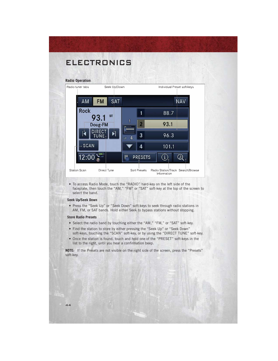 Radio operation, Electronics | Ram Trucks 2012 С/V - User Guide User Manual | Page 46 / 132