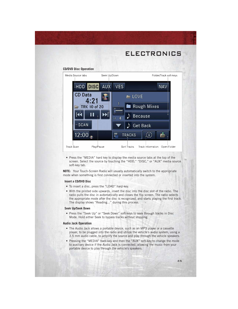 Cd/dvd disc operation, Audio jack operation, Electronics | Ram Trucks 2012 С/V - User Guide User Manual | Page 47 / 132