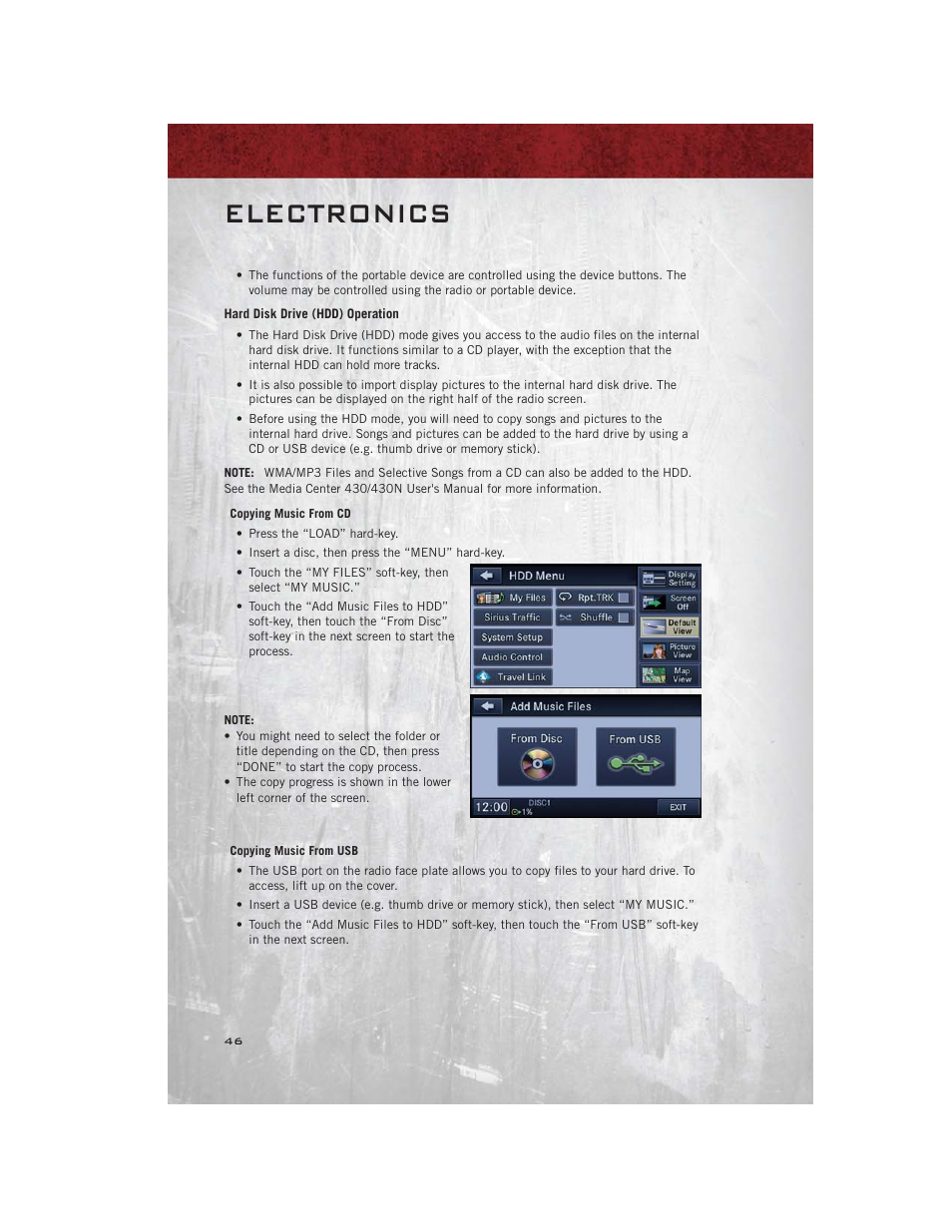 Hard disk drive (hdd) operation, Electronics | Ram Trucks 2012 С/V - User Guide User Manual | Page 48 / 132