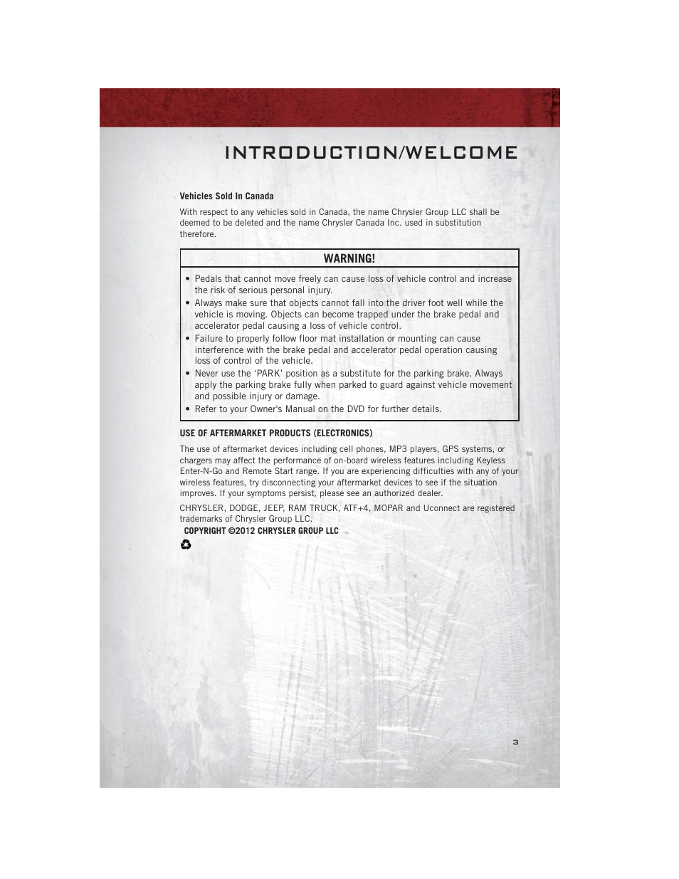 Vehicles sold in canada, Use of aftermarket products (electronics), Introduction/welcome | Ram Trucks 2012 С/V - User Guide User Manual | Page 5 / 132