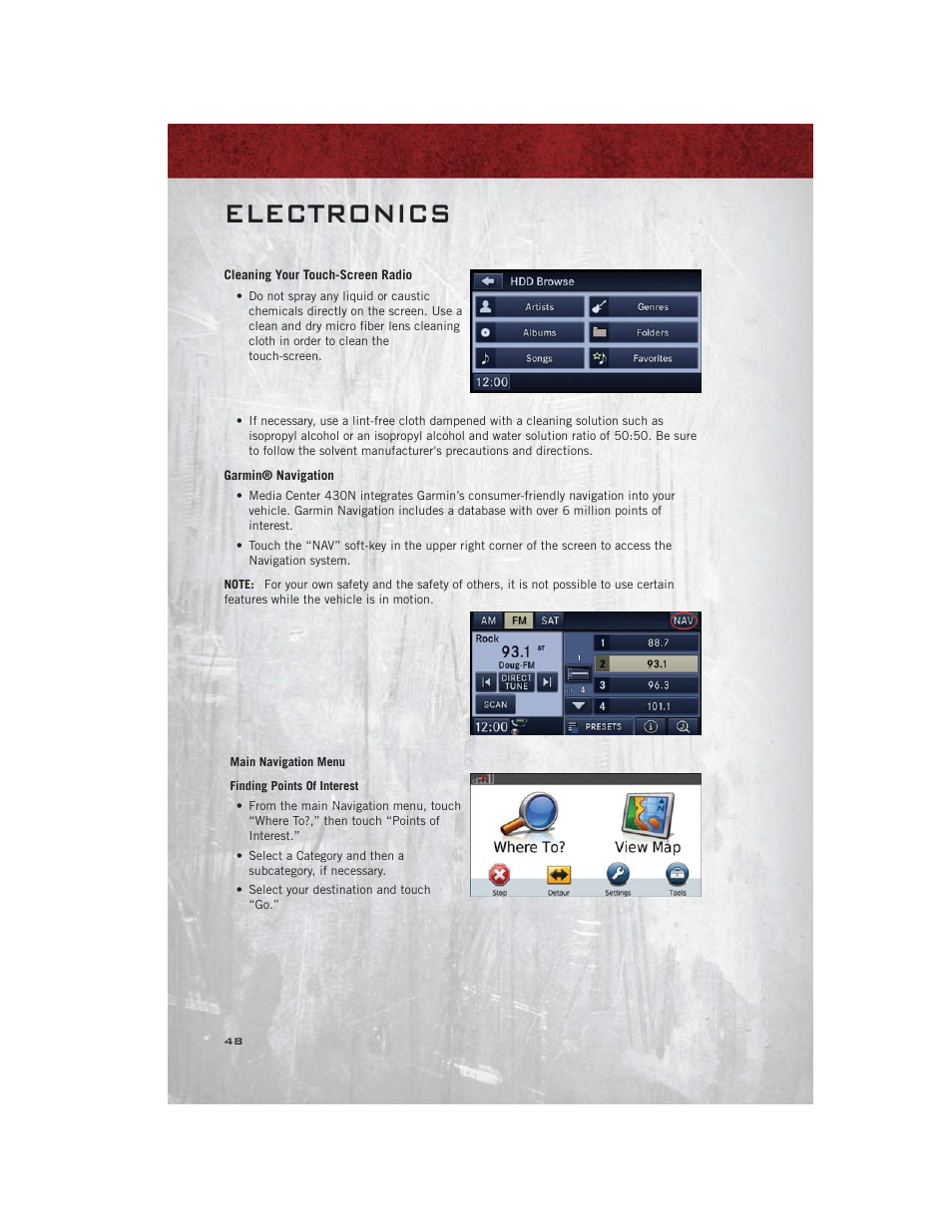 Cleaning your touch-screen radio, Garmin® navigation, Electronics | Ram Trucks 2012 С/V - User Guide User Manual | Page 50 / 132