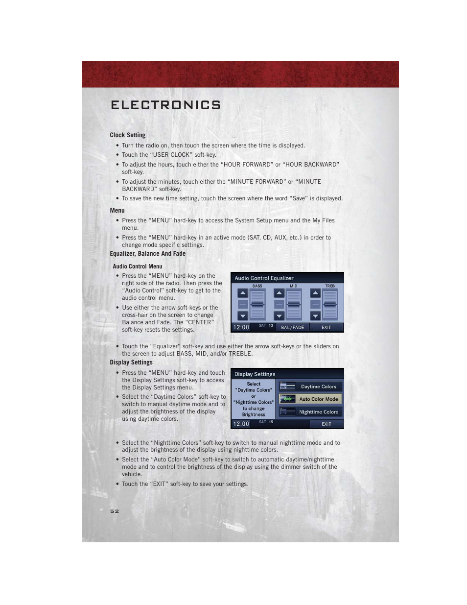 Clock setting, Menu, Equalizer, balance and fade | Display settings, Electronics | Ram Trucks 2012 С/V - User Guide User Manual | Page 54 / 132