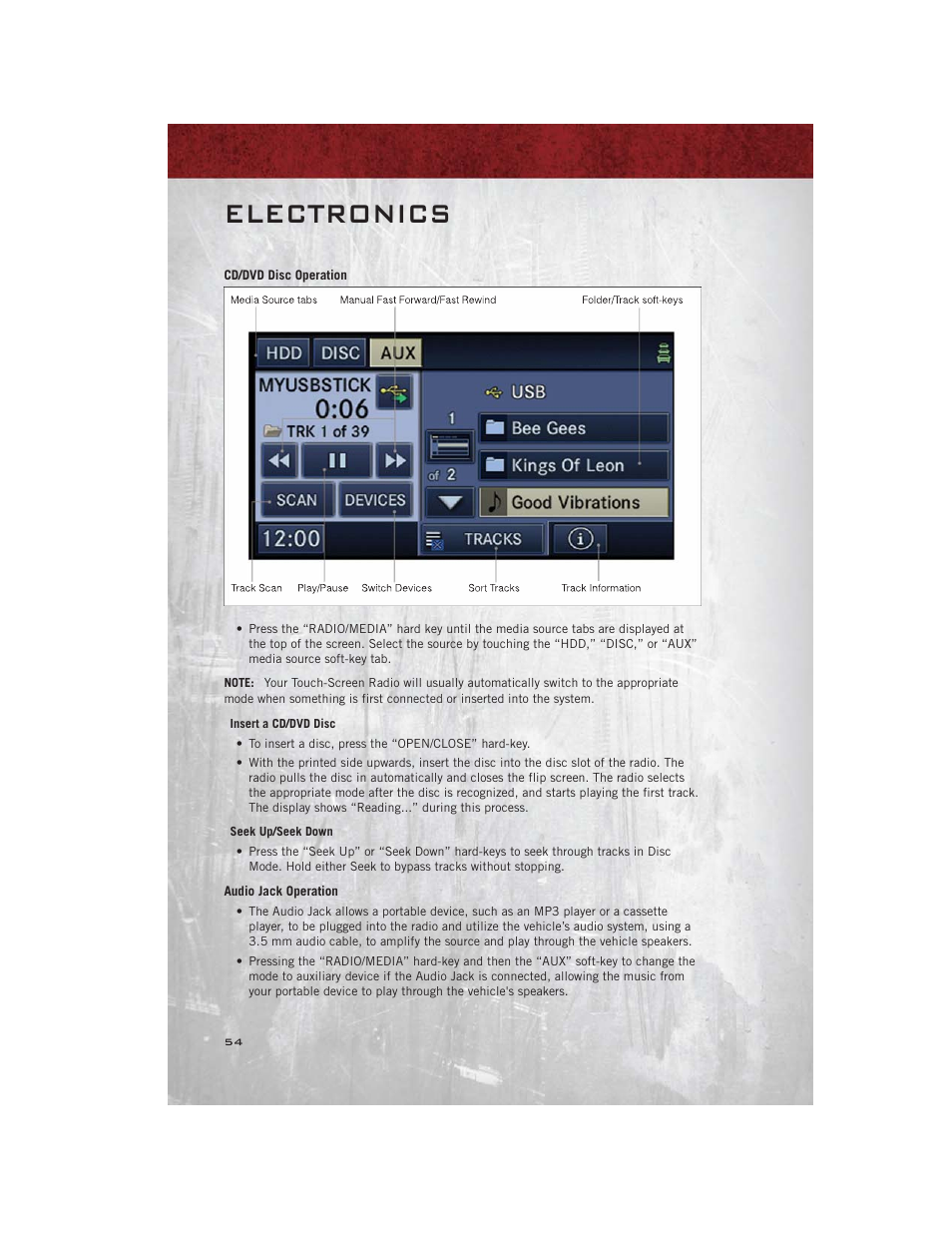 Cd/dvd disc operation, Audio jack operation, Electronics | Ram Trucks 2012 С/V - User Guide User Manual | Page 56 / 132